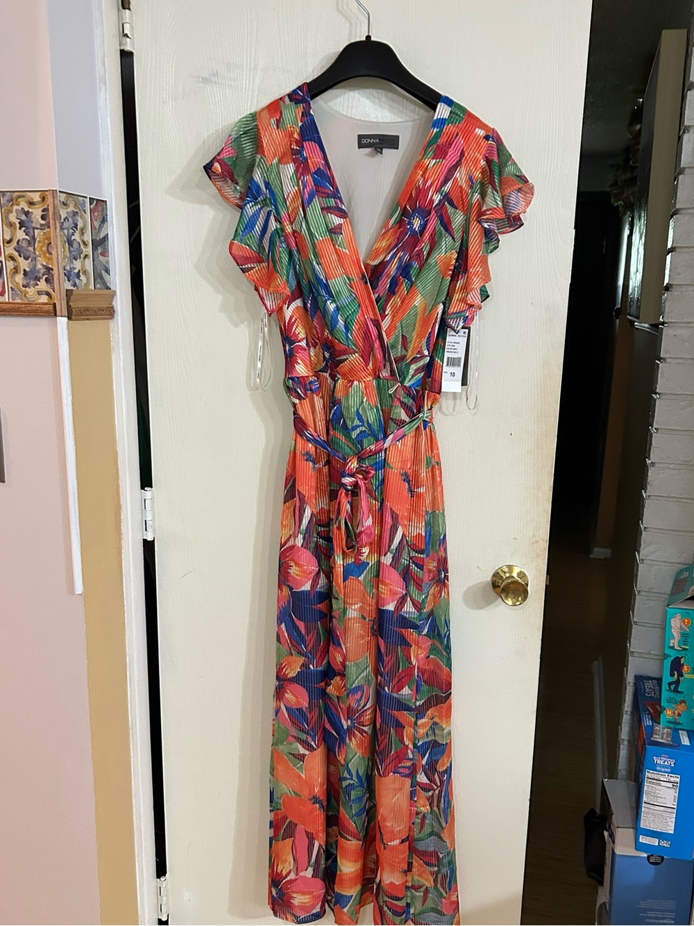 Donna Ricco Floral Print Maxi Dress in Orange and Blue